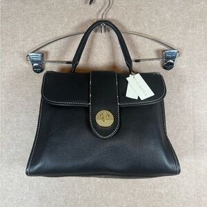 TALBOTS Top Handle Satchel Tote Black Pebbled Leather Turnlock Flap White Stitch